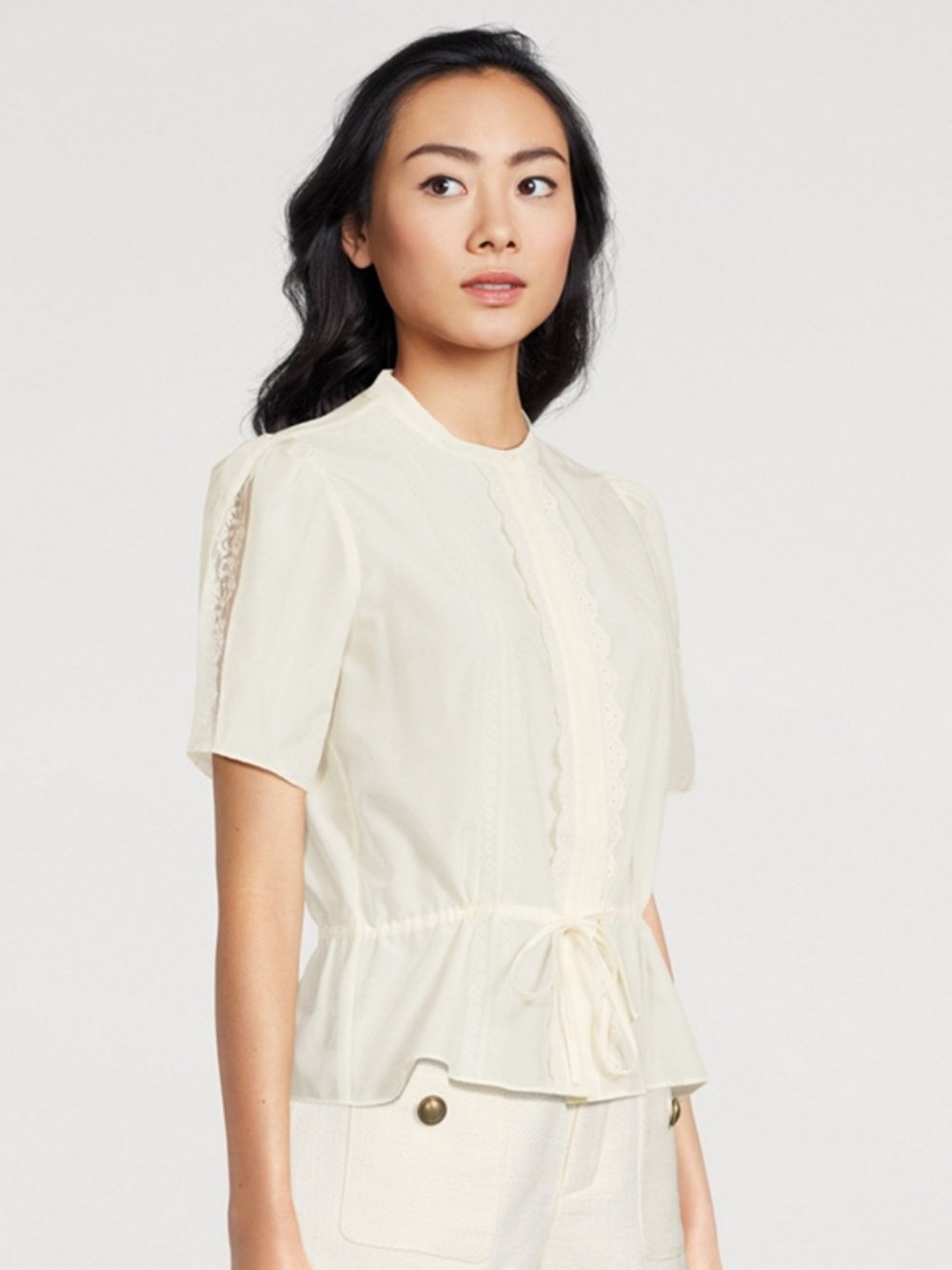 FRAME Cinched Lace Trim Blouse Cream Cotton Silk NWT Size M